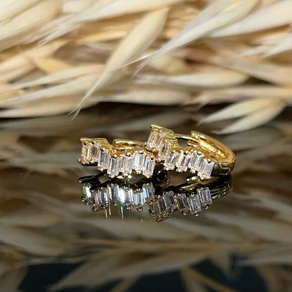 Gold Plated Baguette Huggie Hoop Earrings Dainty Minimalistic Silver CZ gems - Picture 1 of 4